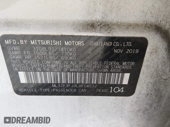 ✅ 2020 Mitsubishi Mirage ES • VIN: ML32F3FJ3LHF04532 • Lot: 45103930. Listed on IAAI with 94,541 mi. Free auction sales archive from the USA and detailed vehicle history report at DreamBid. Image 9.