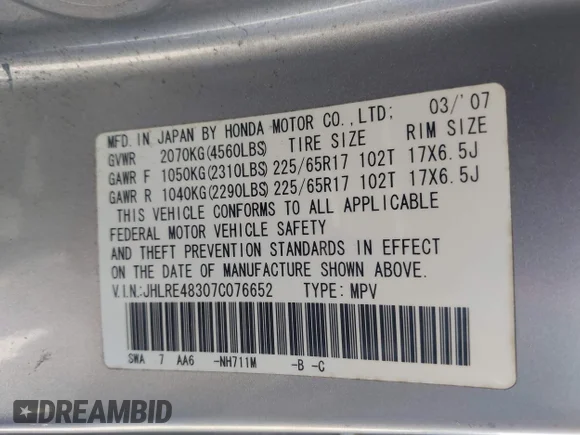 ✅ 2007 Honda CR-V LX • VIN: JHLRE48307C076652 • Lot: 42800401. Wystawiony na IAAI z przebiegiem 217 803 mil. Bezpłatny archiwum sprzedaży aukcyjnych z USA i szczegółowy raport historii pojazdu na DreamBid. Zdjęcie 9.