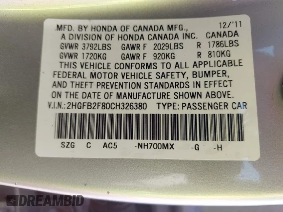 ✅ 2012 Honda Civic EX • VIN: 2HGFB2F80CH326380 • Lot: 44721854. Listed on IAAI with 272,102 mi. Free auction sales archive from the USA and detailed vehicle history report at DreamBid. Image 9.
