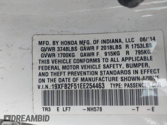✅ 2014 Honda Civic LX • VIN: 19XFB2F51EE254463 • Лот: 43860219. Опубликован ранее на IAAI с пробегом 114 552 миль. Бесплатный доступ к архиву аукционных продаж из США и подробный отчёт об истории автомобиля на DreamBid. Изображение 9.