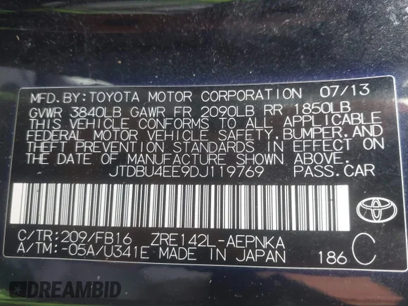 ✅ 2013 Toyota Corolla LE • VIN: JTDBU4EE9DJ119769 • Лот: 43695030. Опубликован ранее на IAAI с пробегом 157 545 миль. Бесплатный доступ к архиву аукционных продаж из США и подробный отчёт об истории автомобиля на DreamBid. Изображение 9.