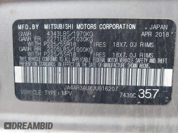 ✅ 2018 Mitsubishi Outlander ES • VIN: JA4AR3AUXJU016207 • Lot: 45088258. Wystawiony na IAAI z przebiegiem 50 922 mil. Bezpłatny archiwum sprzedaży aukcyjnych z USA i szczegółowy raport historii pojazdu na DreamBid. Zdjęcie 9.