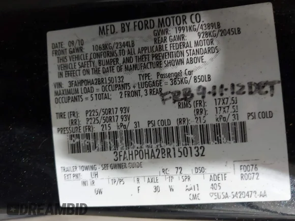 ✅ 2011 Ford Fusion SE • VIN: 3FAHP0HA2BR150132 • Lot: 42489032. Listed on IAAI with 148,687 mi. Free auction sales archive from the USA and detailed vehicle history report at DreamBid. Image 9.