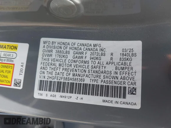 ✅ 2025 Honda Civic Sport • VIN: 2HGFE2F58SH585369 • Лот: 45151261. Опубликован ранее на IAAI с пробегом 15 181 миль. Бесплатный доступ к архиву аукционных продаж из США и подробный отчёт об истории автомобиля на DreamBid. Изображение 9.