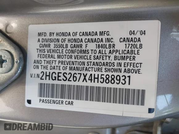 ✅ 2004 Honda Civic EX • VIN: 2HGES267X4H588931 • Lot: 45403611. Listed on IAAI with 144,812 mi. Free auction sales archive from the USA and detailed vehicle history report at DreamBid. Image 9.