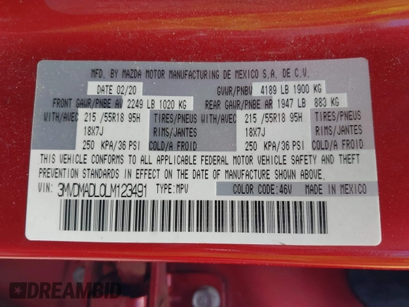 ✅ 2020 Mazda CX-30 Preferred • VIN: 3MVDMADL0LM123491 • Lot: 42735192. Wystawiony na IAAI z przebiegiem 102 280 mil. Bezpłatny archiwum sprzedaży aukcyjnych z USA i szczegółowy raport historii pojazdu na DreamBid. Zdjęcie 9.