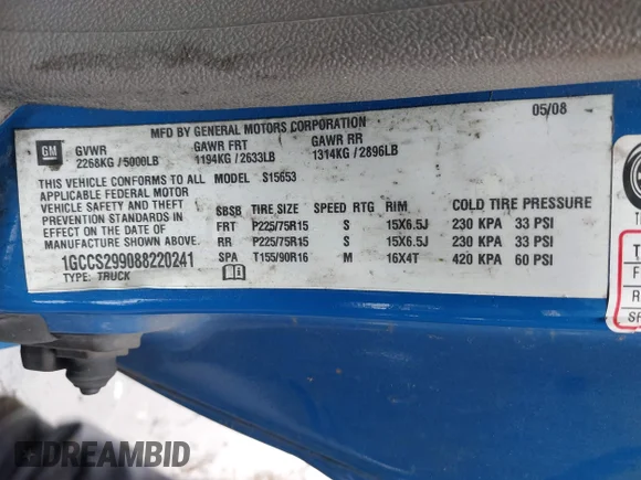✅ 2008 Chevrolet Colorado LS • VIN: 1GCCS299088220241 • Lot: 42638092. Listed on IAAI with 125,259 mi. Free auction sales archive from the USA and detailed vehicle history report at DreamBid. Image 9.