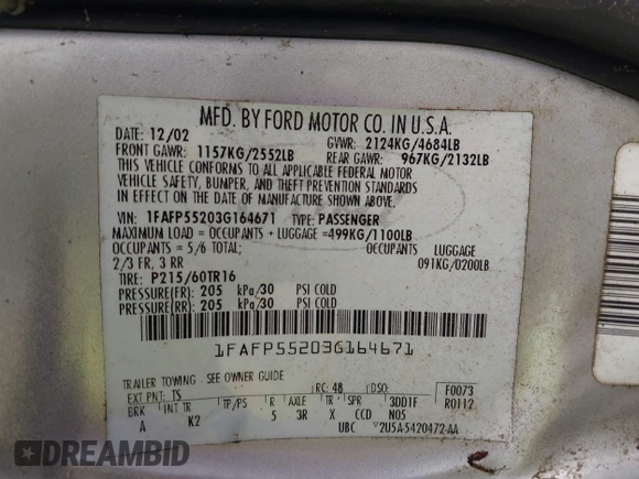 ✅ 2003 Ford Taurus SES Standard • VIN: 1FAFP55203G164671 • Lot: 45088638. Wystawiony na IAAI z przebiegiem 162 269 mil. Bezpłatny archiwum sprzedaży aukcyjnych z USA i szczegółowy raport historii pojazdu na DreamBid. Zdjęcie 9.