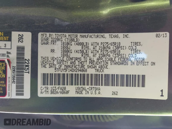 ✅ 2013 Toyota Tundra • VIN: 5TFUY5F14DX294068 • Lot: 44361076. Wystawiony na IAAI z przebiegiem 233 771 mil. Bezpłatny archiwum sprzedaży aukcyjnych z USA i szczegółowy raport historii pojazdu na DreamBid. Zdjęcie 9.