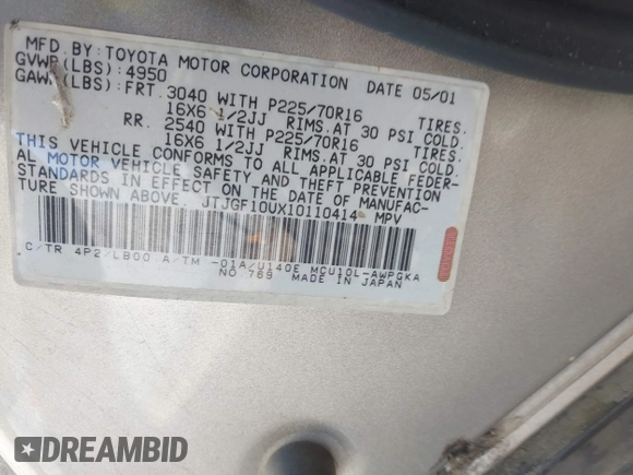 ✅ 2001 Lexus RX 300 • VIN: JTJGF10UX10110414 • Лот: 43491641. Опубликован ранее на IAAI с пробегом Не указан. Бесплатный доступ к архиву аукционных продаж из США и подробный отчёт об истории автомобиля на DreamBid. Изображение 9.