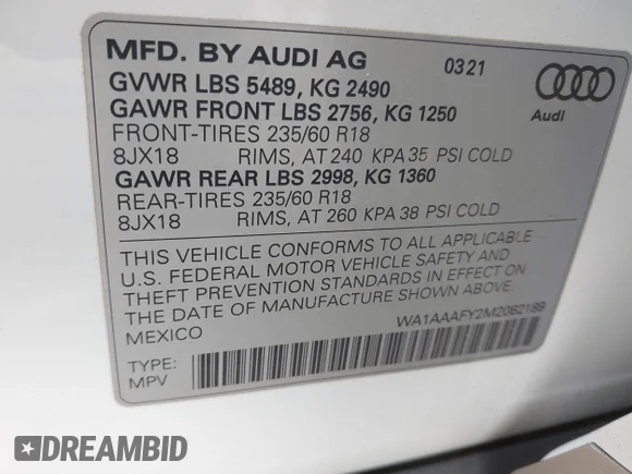 ✅ 2021 Audi Q5 Premium • VIN: WA1AAAFY2M2082189 • Lot: 43873265. Listed on IAAI with 38,859 mi. Free auction sales archive from the USA and detailed vehicle history report at DreamBid. Image 9.