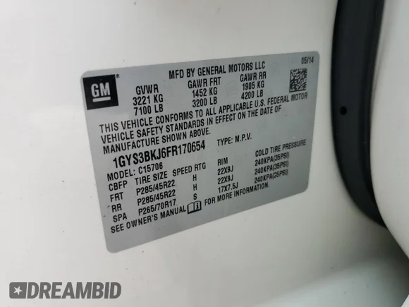 ✅ 2015 Cadillac Escalade Luxury • VIN: 1GYS3BKJ6FR170654 • Lot: 68176712. Wystawiony na Copart z przebiegiem Nie podano. Bezpłatny archiwum sprzedaży aukcyjnych z USA i szczegółowy raport historii pojazdu na DreamBid. Zdjęcie 14.
