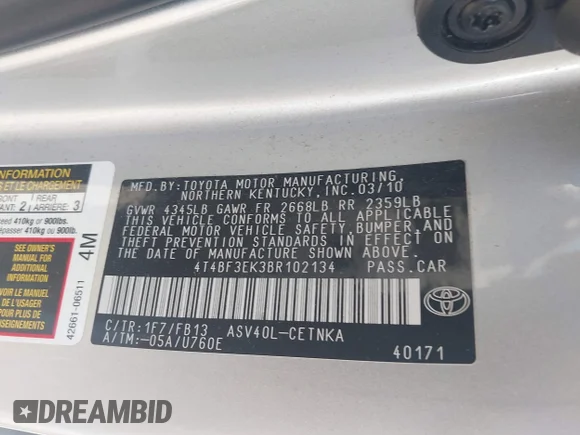 ✅ 2011 Toyota Camry LE • VIN: 4T4BF3EK3BR102134 • Lot: 45287110. Listed on IAAI with 175,028 mi. Free auction sales archive from the USA and detailed vehicle history report at DreamBid. Image 9.