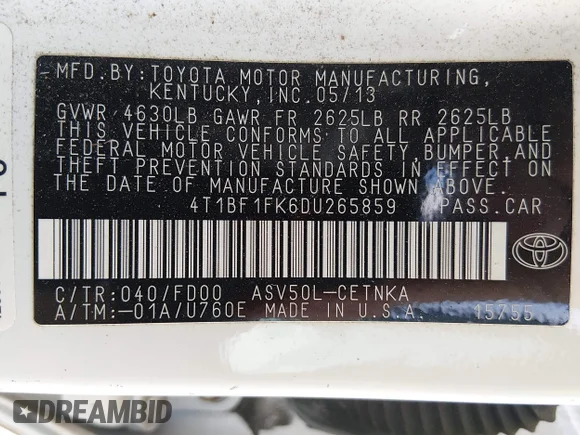 ✅ 2013 Toyota Camry SE • VIN: 4T1BF1FK6DU265859 • Lot: 44155419. Wystawiony na IAAI z przebiegiem 196 193 mil. Bezpłatny archiwum sprzedaży aukcyjnych z USA i szczegółowy raport historii pojazdu na DreamBid. Zdjęcie 9.