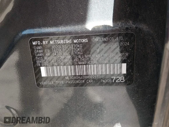 ✅ 2024 Mitsubishi Mirage ES • VIN: ML32AUHJ2RH022111 • Lot: 44788207. Wystawiony na IAAI z przebiegiem 32 302 mil. Bezpłatny archiwum sprzedaży aukcyjnych z USA i szczegółowy raport historii pojazdu na DreamBid. Zdjęcie 9.