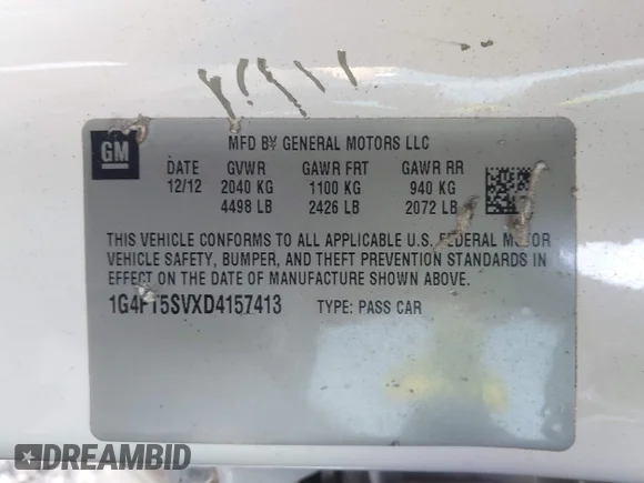 ✅ 2013 Buick Verano Premium Group • VIN: 1G4PT5SVXD4157413 • Lot: 43649311. Wystawiony na IAAI z przebiegiem 251 310 mil. Bezpłatny archiwum sprzedaży aukcyjnych z USA i szczegółowy raport historii pojazdu na DreamBid. Zdjęcie 9.