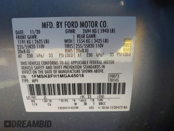 ✅ 2021 Ford Explorer Limited • VIN: 1FMSK8FH1MGA45018 • Лот: 42966051. Опубликован ранее на IAAI с пробегом 50 643 миль. Бесплатный доступ к архиву аукционных продаж из США и подробный отчёт об истории автомобиля на DreamBid. Изображение 9.