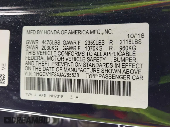 ✅ 2018 Honda Accord Sport • VIN: 1HGCV1F34JA265538 • Lot: 44226413. Wystawiony na IAAI z przebiegiem 81 064 mil. Bezpłatny archiwum sprzedaży aukcyjnych z USA i szczegółowy raport historii pojazdu na DreamBid. Zdjęcie 9.