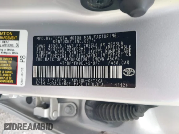 ✅ 2014 Toyota Camry L • VIN: 4T1BF1FK9EU451977 • Lot: 42985884. Wystawiony na IAAI z przebiegiem 192 132 mil. Bezpłatny archiwum sprzedaży aukcyjnych z USA i szczegółowy raport historii pojazdu na DreamBid. Zdjęcie 9.