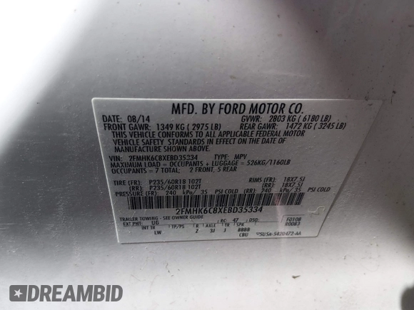 ✅ 2014 Ford Flex SEL • VIN: 2FMHK6C8XEBD35334 • Lot: 45004816. Wystawiony na IAAI z przebiegiem 159 463 mil. Bezpłatny archiwum sprzedaży aukcyjnych z USA i szczegółowy raport historii pojazdu na DreamBid. Zdjęcie 9.