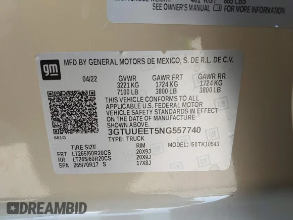 ✅ 2022 GMC Sierra 1500 AT4 • VIN: 3GTUUEET5NG557740 • Lot: 43089376. Wystawiony na IAAI z przebiegiem Nie podano. Bezpłatny archiwum sprzedaży aukcyjnych z USA i szczegółowy raport historii pojazdu na DreamBid. Zdjęcie 9.
