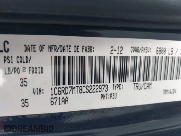 ✅ 2012 Ram 1500 Sport • VIN: 1C6RD7MT8CS222973 • Lot: 42315630. Wystawiony na IAAI z przebiegiem 131 920 mil. Bezpłatny archiwum sprzedaży aukcyjnych z USA i szczegółowy raport historii pojazdu na DreamBid. Zdjęcie 9.