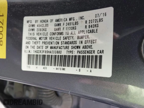 ✅ 2017 Honda Accord EX-L • VIN: 1HGCR3F89HA000880 • Lot: 42279894. Wystawiony na IAAI z przebiegiem 199 081 mil. Bezpłatny archiwum sprzedaży aukcyjnych z USA i szczegółowy raport historii pojazdu na DreamBid. Zdjęcie 9.