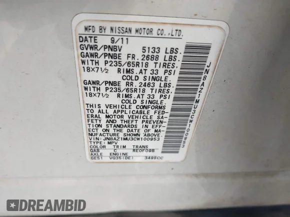 ✅ 2012 Nissan Murano SL • VIN: JN8AZ1MU3CW100953 • Lot: 43532205. Wystawiony na IAAI z przebiegiem Nie podano. Bezpłatny archiwum sprzedaży aukcyjnych z USA i szczegółowy raport historii pojazdu na DreamBid. Zdjęcie 9.