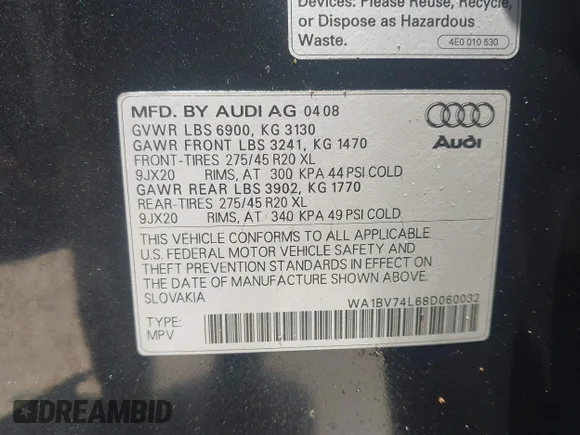 ✅ 2008 Audi Q7 Premium • VIN: WA1BV74L68D060032 • Lot: 45241596. Listed on IAAI with 102,688 mi. Free auction sales archive from the USA and detailed vehicle history report at DreamBid. Image 9.