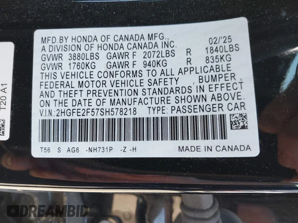 ✅ 2025 Honda Civic Sport • VIN: 2HGFE2F57SH578218 • Lot: 44584418. Wystawiony na IAAI z przebiegiem 7 718 mil. Bezpłatny archiwum sprzedaży aukcyjnych z USA i szczegółowy raport historii pojazdu na DreamBid. Zdjęcie 9.
