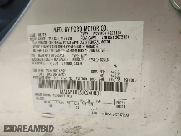 ✅ 2018 Ford EcoSport SE • VIN: MAJ6P1UL5JC240831 • Лот: 45090052. Опубликован ранее на IAAI с пробегом Не указан. Бесплатный доступ к архиву аукционных продаж из США и подробный отчёт об истории автомобиля на DreamBid. Изображение 9.