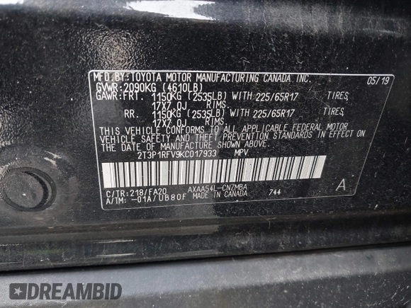 ✅ 2019 Toyota RAV4 XLE • VIN: 2T3P1RFV9KC017933 • Lot: 43917639. Wystawiony na IAAI z przebiegiem 89 561 mil. Bezpłatny archiwum sprzedaży aukcyjnych z USA i szczegółowy raport historii pojazdu na DreamBid. Zdjęcie 9.