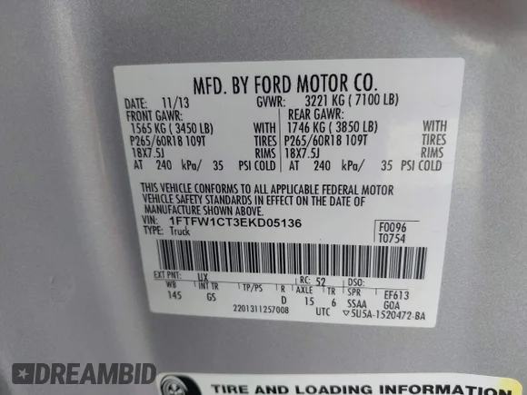 ✅ 2014 Ford F-150 XL • VIN: 1FTFW1CT3EKD05136 • Lot: 43410846. Listed on IAAI with 121,071 mi. Free auction sales archive from the USA and detailed vehicle history report at DreamBid. Image 9.