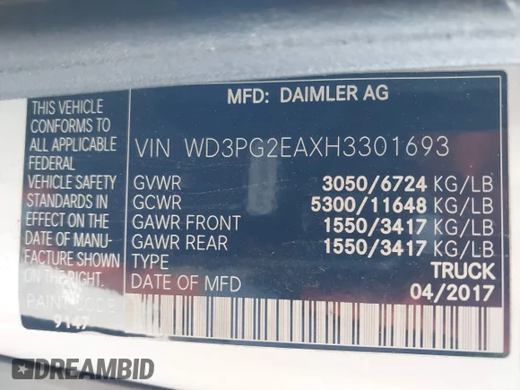 ✅ 2017 Mercedes-Benz Metris Cargo • VIN: WD3PG2EAXH3301693 • Lot: 42233752. Listed on IAAI with 125,820 mi. Free auction sales archive from the USA and detailed vehicle history report at DreamBid. Image 9.