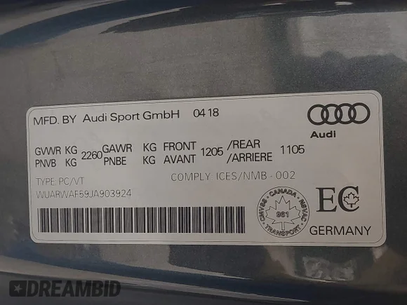✅ 2018 Audi RS 5 • VIN: WUARWAF59JA903924 • Lot: 44941985. Wystawiony na IAAI z przebiegiem 47 869 mil. Bezpłatny archiwum sprzedaży aukcyjnych z USA i szczegółowy raport historii pojazdu na DreamBid. Zdjęcie 9.