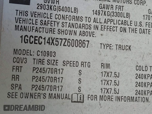 ✅ 2007 Chevrolet Silverado 1500 Work Truck • VIN: 1GCEC14X57Z600867 • Лот: 44459548. Опубліковано раніше на IAAI з пробігом 214 722 миль. Безкоштовний доступ до архіву аукціонних продажів зі США та докладний звіт про історію автомобіля на DreamBid. Зображення 9.