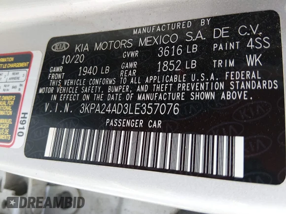✅ 2020 Kia Rio S • VIN: 3KPA24AD3LE357076 • Лот: 44861554. Опубліковано раніше на IAAI з пробігом 45 434 миль. Безкоштовний доступ до архіву аукціонних продажів зі США та докладний звіт про історію автомобіля на DreamBid. Зображення 9.
