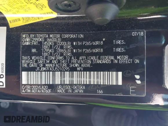 ✅ 2018 Lexus GX 460 • VIN: JTJBM7FX3J5210295 • Лот: 43318540. Опубліковано раніше на IAAI з пробігом 64 308 миль. Безкоштовний доступ до архіву аукціонних продажів зі США та докладний звіт про історію автомобіля на DreamBid. Зображення 9.