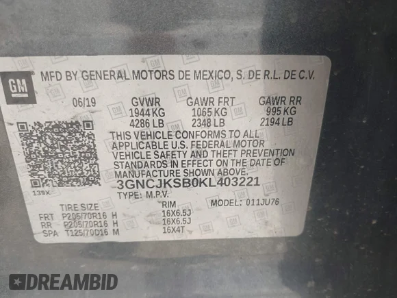 ✅ 2019 Chevrolet Trax LS • VIN: 3GNCJKSB0KL403221 • Lot: 45282556. Wystawiony na IAAI z przebiegiem 80 755 mil. Bezpłatny archiwum sprzedaży aukcyjnych z USA i szczegółowy raport historii pojazdu na DreamBid. Zdjęcie 9.