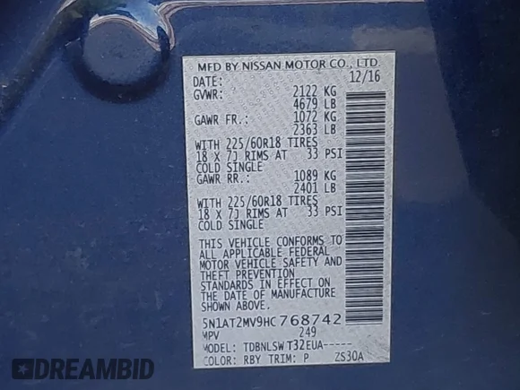 ✅ 2017 Nissan Rogue SV • VIN: 5N1AT2MV9HC768742 • Lot: 44384633. Wystawiony na IAAI z przebiegiem 85 803 mil. Bezpłatny archiwum sprzedaży aukcyjnych z USA i szczegółowy raport historii pojazdu na DreamBid. Zdjęcie 9.