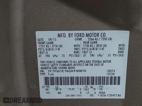 ✅ 2013 Ford F-150 FX4 • VIN: 1FTFW1ET6DKF95870 • Lot: 44324314. Wystawiony na IAAI z przebiegiem 168 063 mil. Bezpłatny archiwum sprzedaży aukcyjnych z USA i szczegółowy raport historii pojazdu na DreamBid. Zdjęcie 9.