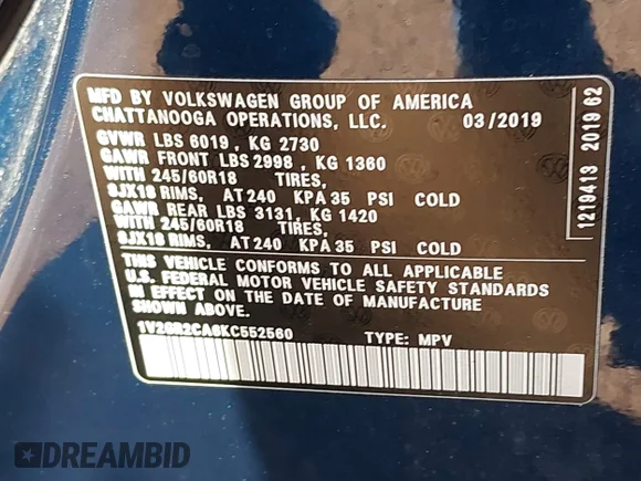 ✅ 2019 Volkswagen Atlas S • VIN: 1V2GR2CA6KC552560 • Lot: 42154712. Wystawiony na IAAI z przebiegiem 68 906 mil. Bezpłatny archiwum sprzedaży aukcyjnych z USA i szczegółowy raport historii pojazdu na DreamBid. Zdjęcie 9.