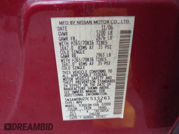 ✅ 2007 Nissan Xterra X • VIN: 5N1AN08U27C515261 • Lot: 41565969. Wystawiony na IAAI z przebiegiem 207 535 mil. Bezpłatny archiwum sprzedaży aukcyjnych z USA i szczegółowy raport historii pojazdu na DreamBid. Zdjęcie 9.