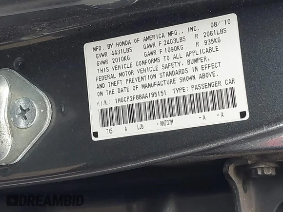 ✅ 2010 Honda Accord EX-L • VIN: 1HGCP2F88AA195151 • Lot: 44782094. Wystawiony na IAAI z przebiegiem 268 828 mil. Bezpłatny archiwum sprzedaży aukcyjnych z USA i szczegółowy raport historii pojazdu na DreamBid. Zdjęcie 9.