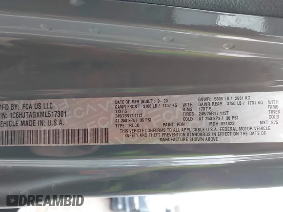 ✅ 2021 Jeep Gladiator Sport S • VIN: 1C6HJTAGXML517301 • Lot: 43952767. Listed on IAAI with 64,024 mi. Free auction sales archive from the USA and detailed vehicle history report at DreamBid. Image 9.