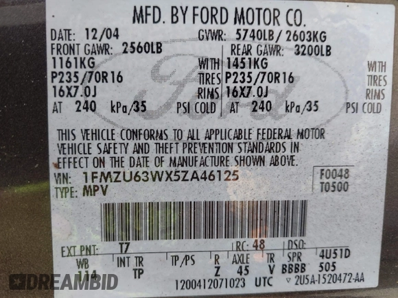✅ 2005 Ford Explorer XLT • VIN: 1FMZU63WX5ZA46125 • Lot: 44803637. Wystawiony na IAAI z przebiegiem 182 773 mil. Bezpłatny archiwum sprzedaży aukcyjnych z USA i szczegółowy raport historii pojazdu na DreamBid. Zdjęcie 9.