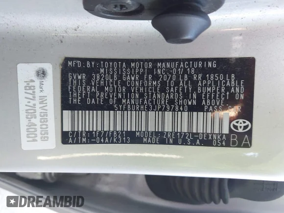 ✅ 2018 Toyota Corolla SE • VIN: 5YFBURHE3JP797840 • Lot: 44295519. Wystawiony na IAAI z przebiegiem 96 764 mil. Bezpłatny archiwum sprzedaży aukcyjnych z USA i szczegółowy raport historii pojazdu na DreamBid. Zdjęcie 9.