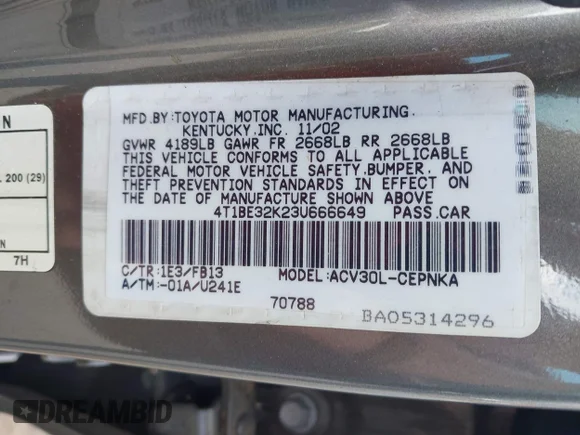 ✅ 2003 Toyota Camry LE • VIN: 4T1BE32K23U666649 • Lot: 45190192. Wystawiony na IAAI z przebiegiem Nie podano. Bezpłatny archiwum sprzedaży aukcyjnych z USA i szczegółowy raport historii pojazdu na DreamBid. Zdjęcie 9.