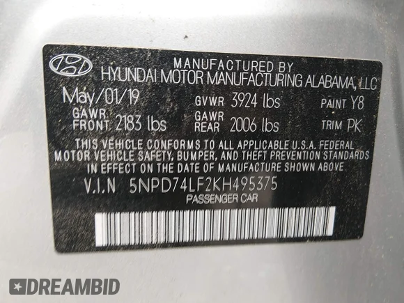 ✅ 2019 Hyundai Elantra SE • VIN: 5NPD74LF2KH495375 • Lot: 44947925. Listed on IAAI with 8,762 mi. Free auction sales archive from the USA and detailed vehicle history report at DreamBid. Image 9.