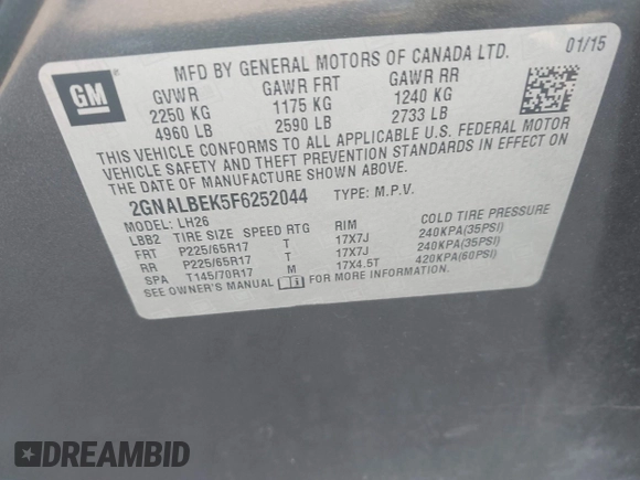 ✅ 2015 Chevrolet Equinox LT • VIN: 2GNALBEK5F6252044 • Lot: 44353756. Wystawiony na IAAI z przebiegiem 94 071 mil. Bezpłatny archiwum sprzedaży aukcyjnych z USA i szczegółowy raport historii pojazdu na DreamBid. Zdjęcie 9.
